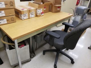 lot 7032 image: Faux Wood Table and Chair -Contents Not Included