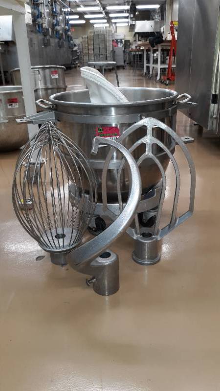lot 7146 image: 40QT Mixing Bowl w Whisk, Patty, Dough Hook, & Bowl Cart