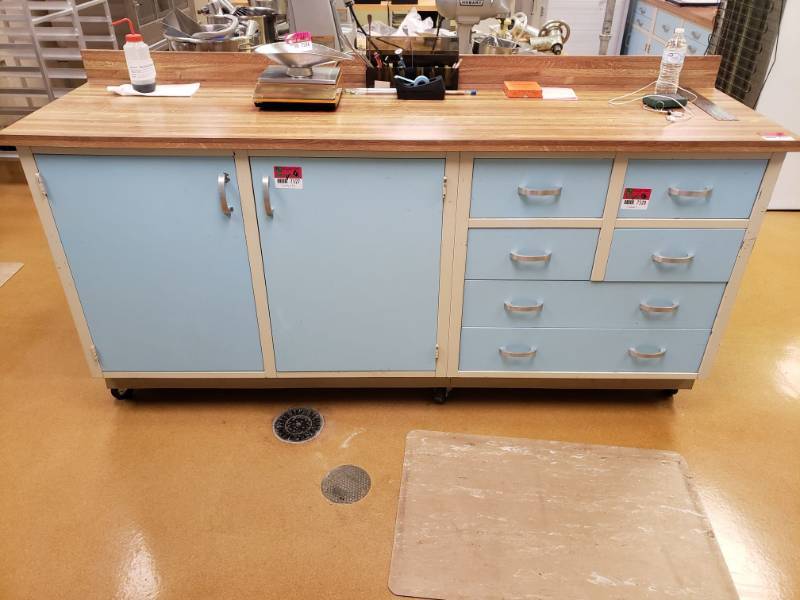 lot 7525 image: Powder Blue Cabinets with Faux Wood Countertop