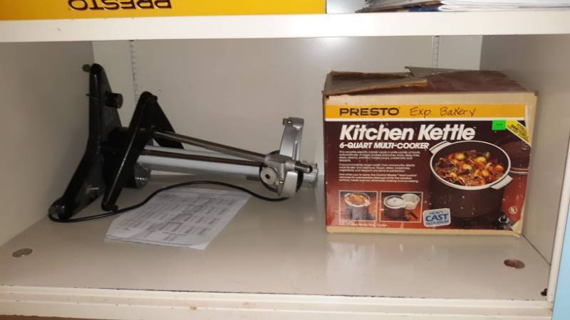 lot 7557 image: Assorted Items in CabinetDrawer Set, Griddle, Viscometer, Spindles, Weights, PlatesBowls, Plastic Bags, Bread Baker by Panasonic, etc.