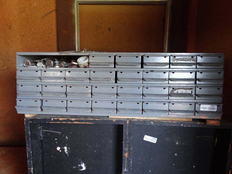 lot 5667 image: Metal parts storage bin full of various parts & hardware