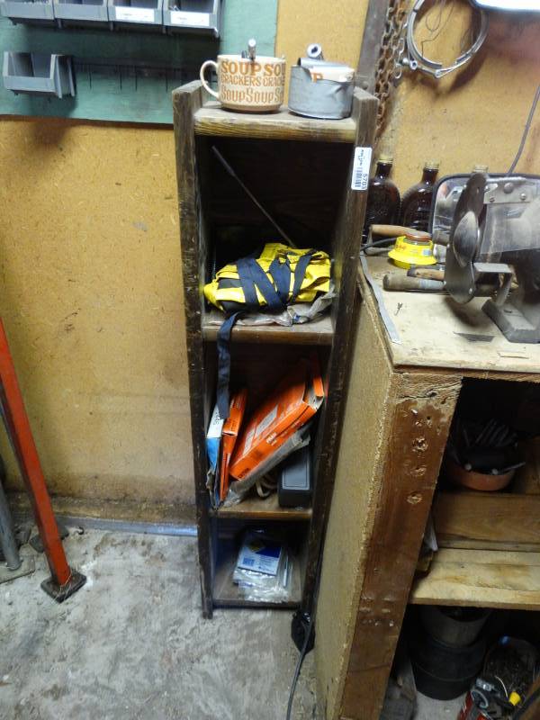 lot 5703 image: Wood shelf w contents