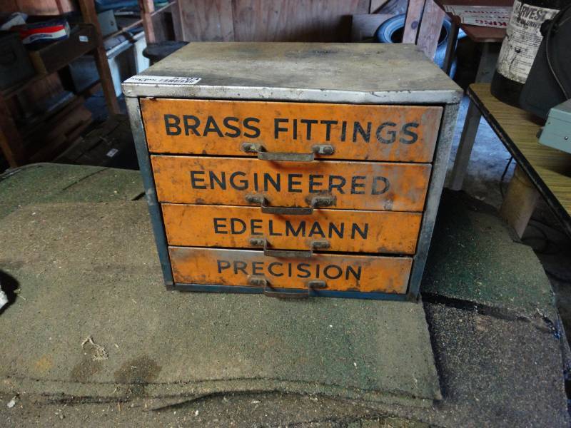 lot 5704 image: Awesome vintage brass fittings parts cabinet from hardware store- Filled w brass & other fittings