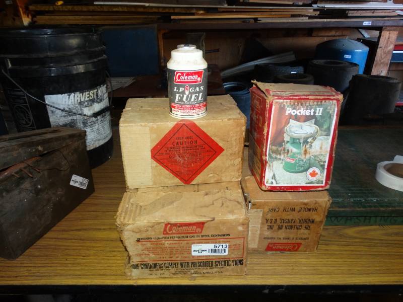 lot 5713 image: Coleman LP gas fuel cans-3 cases & heater