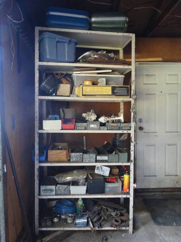 lot 5729 image: Metal shelf w contents- tools hardware misc.