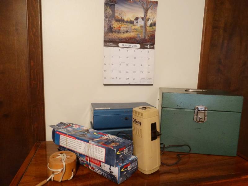 lot 5830 image: Three small lock boxes, Gillete hot shave system, Toy helicopters