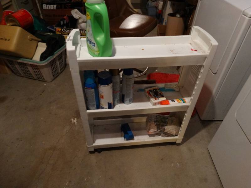 lot 5924 image: Lot of Miscellaneous Laundry Products and Rolling Shelf
