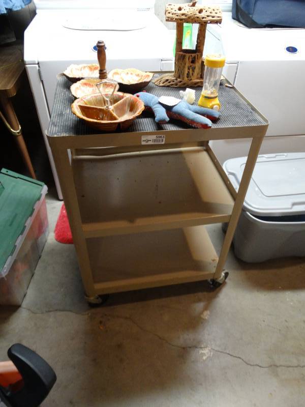 lot 5963 image: 3 tiered metal rolling cart and contents