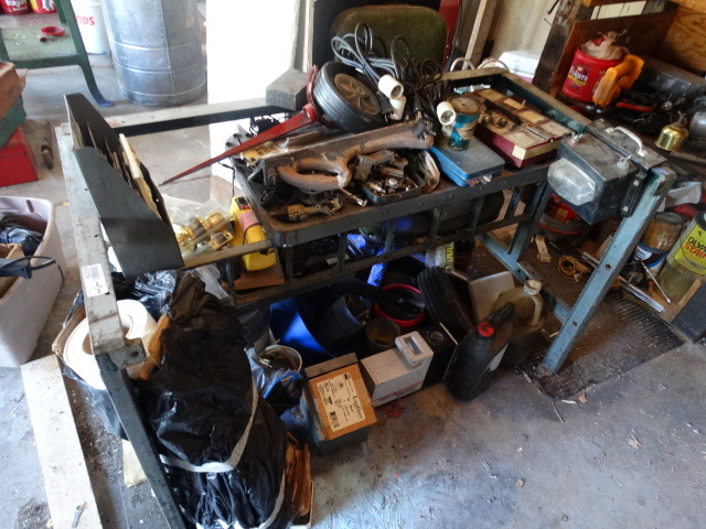 lot 6059 image: Metal work bench base w tools hardware & misc.