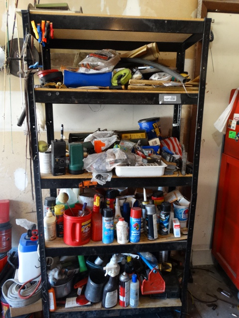 lot 6031 image: Metal shelf w contents- tools hardware misc.