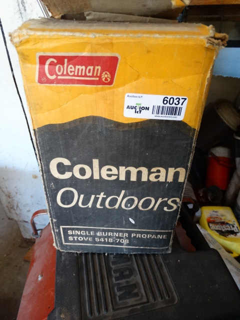 lot 6037 image: Vintage Coleman single burner propane stove- in box