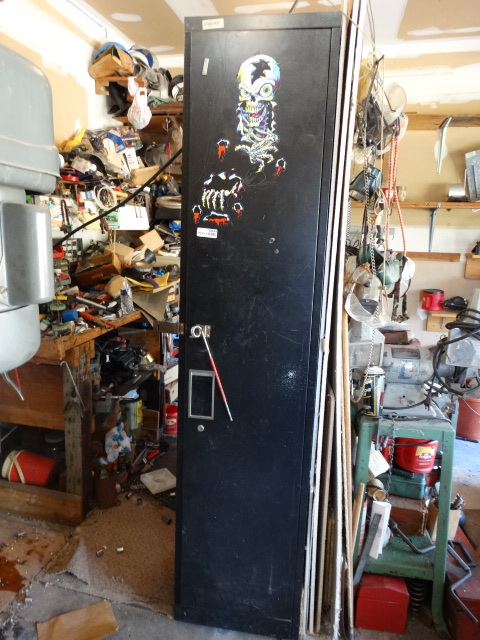 lot 6044 image: Black metal cabinet w contents- full of various tools hardware & misc.