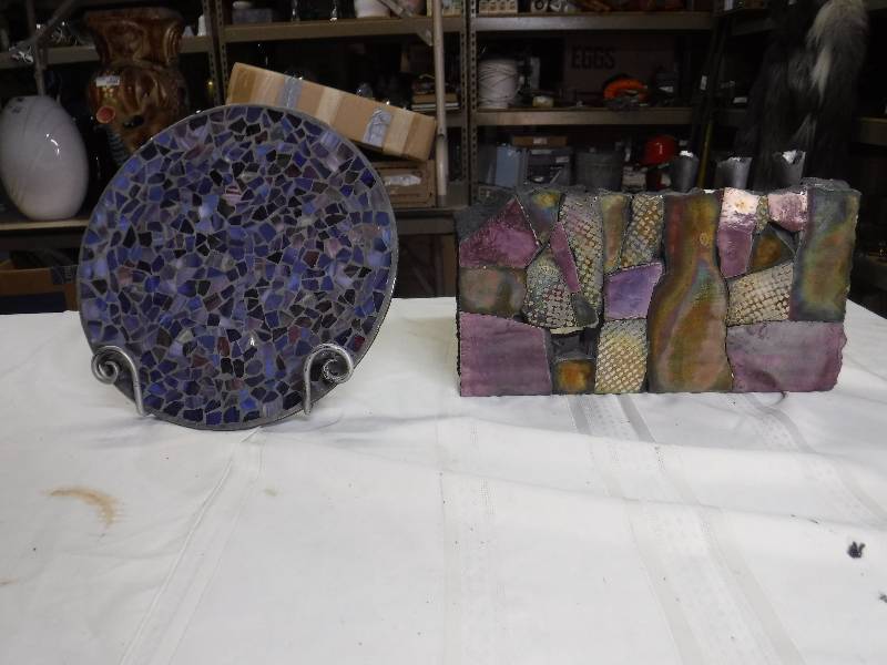 lot 8135 image: Purple mosaic plate and rectangle slab art