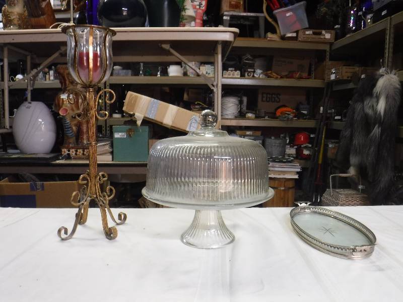 lot 8147 image: Glass domed cake server, candle holder and tray