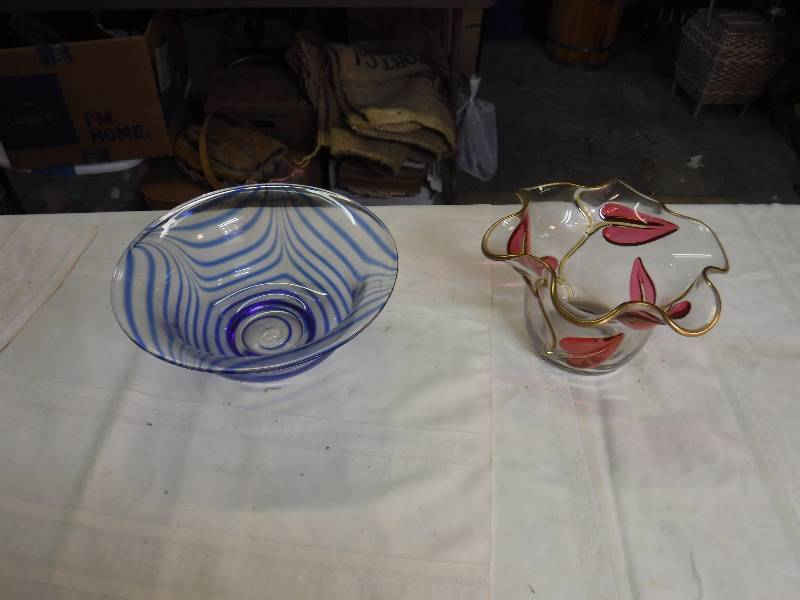 lot 8175 image: Blue swirl glass bowl and other art glass bowl