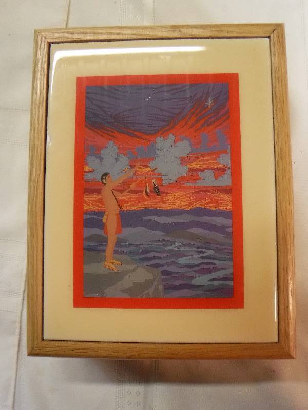 lot 8176 image: Wood and hand painted tile topped trinket box- signed, Native American motiff