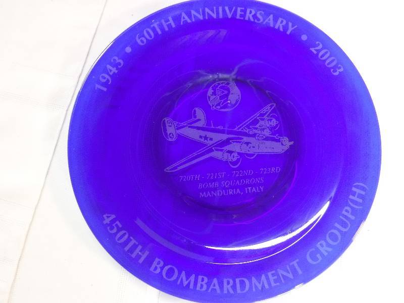 lot 8182 image: Blue glass 60th anniversary 450th Bombardment group plate