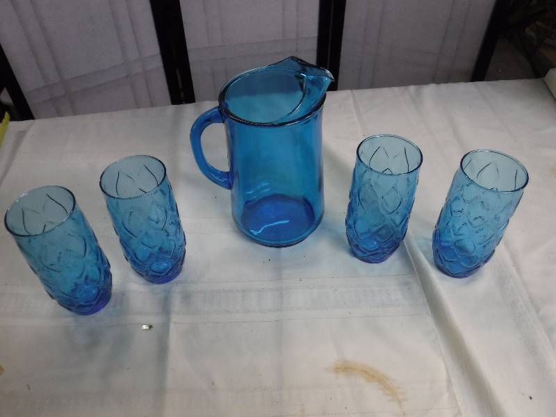 lot 8218 image: Blue glass pitcher and drinking glasses set