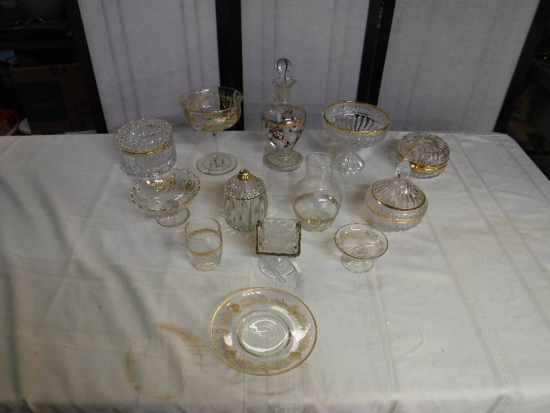 lot 8234 image: Gold trimmed and accented glass items- candy dish, decanters and more