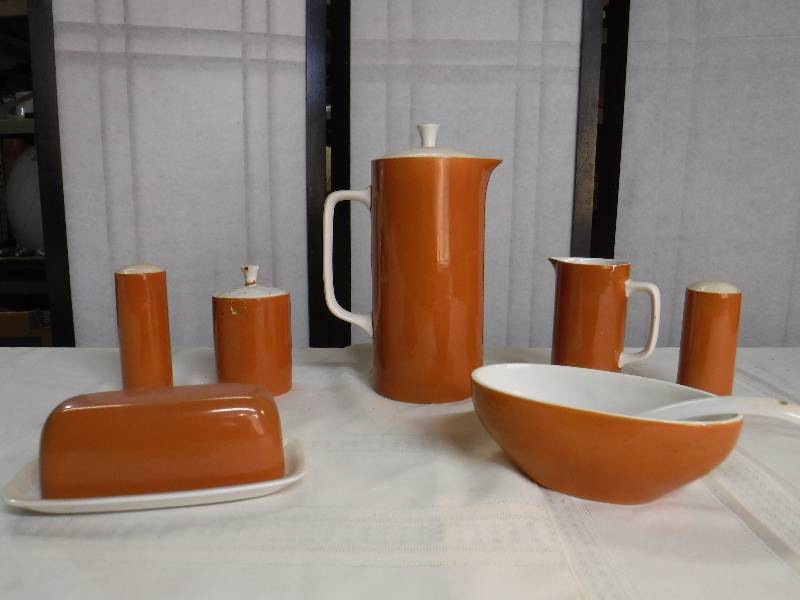 lot 8258 image: Retro Harmony House Genuine Ironstone serving items- includes butter dish, pitcher and more