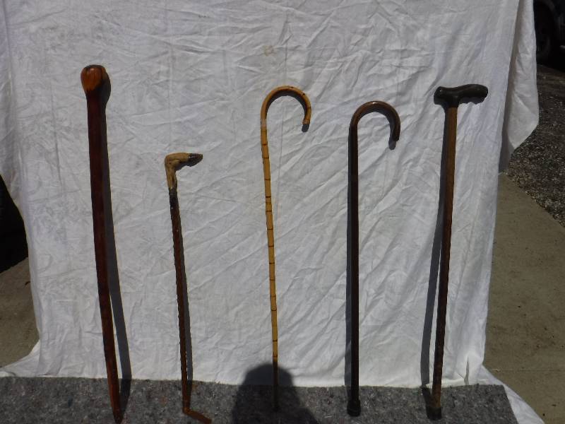 lot 8298 image: Walking stick and cane lot- one is a deer hoof