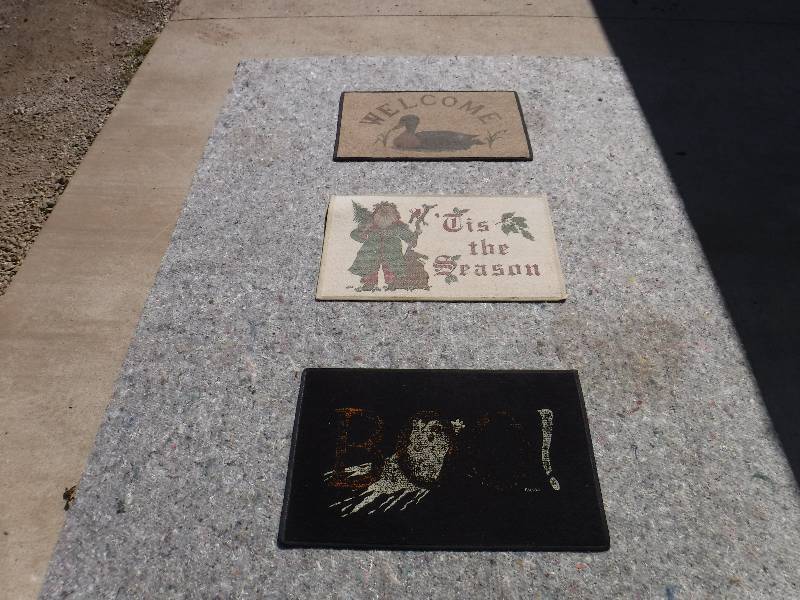 lot 8304 image: Door mat lot includes Christmas, Welcome and Boo ( boo is faded some)