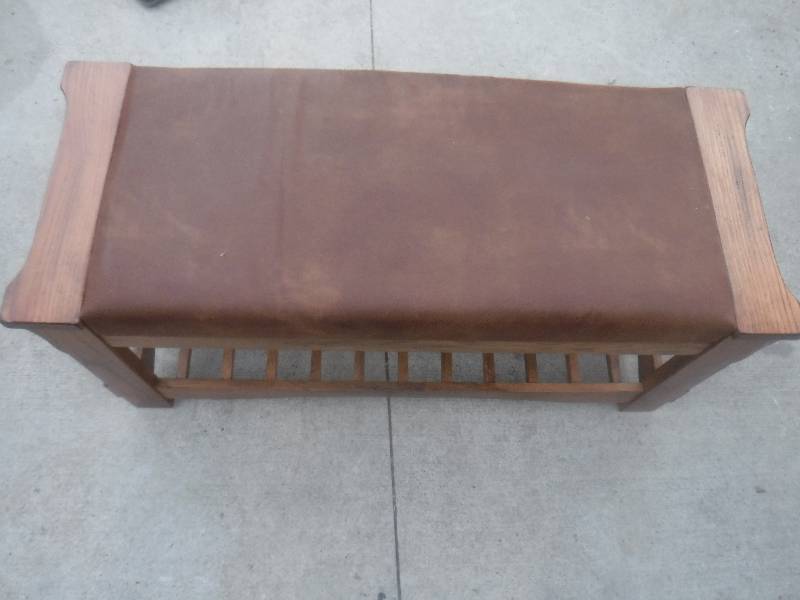 lot 2814 image: Wood bench with shelf under and built in suede cushion