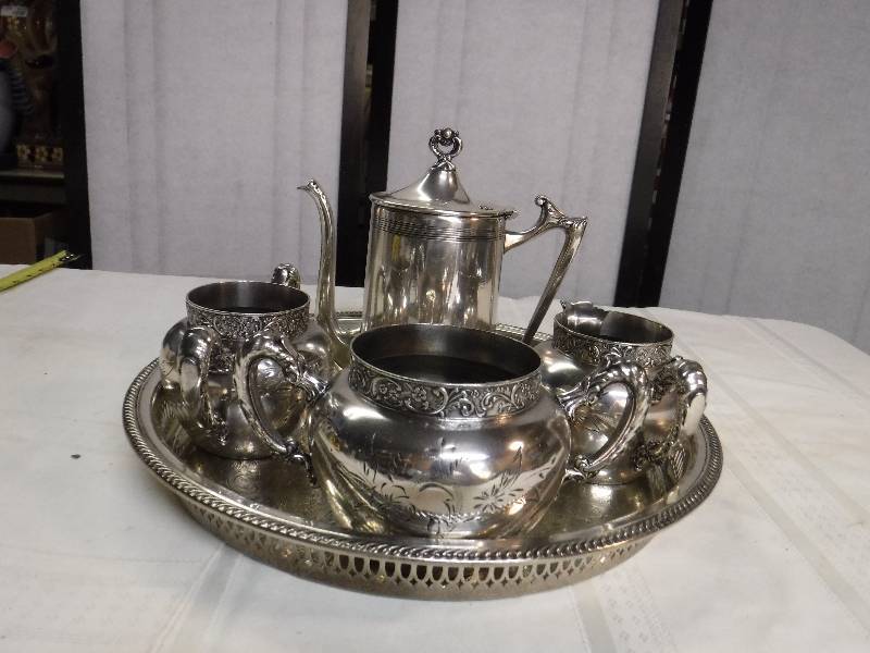 lot 6572 image: Yale company Silver plate tea set with tray