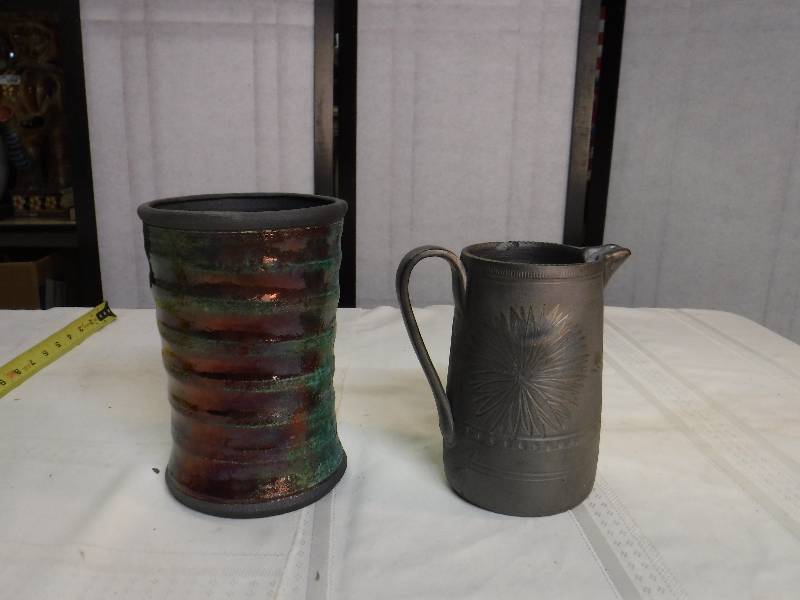 lot 6587 image: Metalic finish vase and pottery pitcher