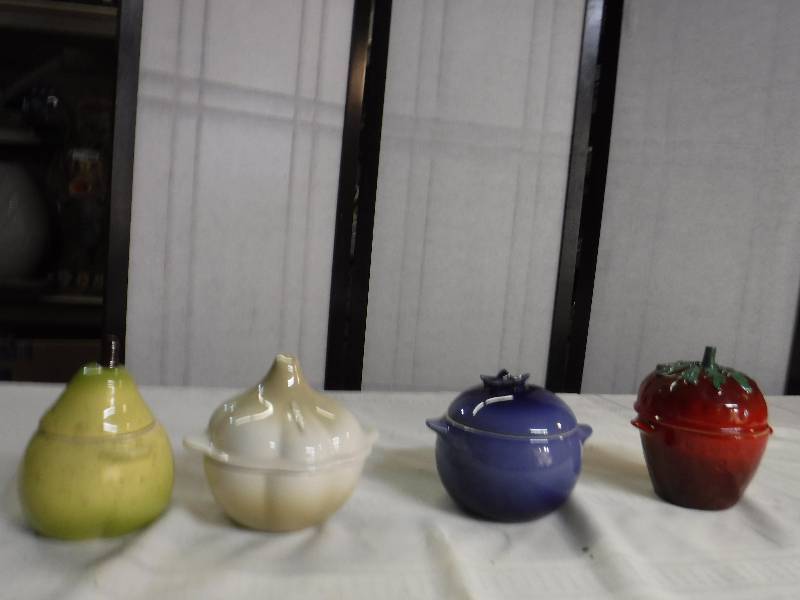 lot 6637 image: Le Creuset fruit and veggie shaped dishes with lids- super cute