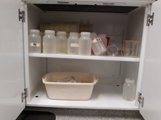 lot 7275 image: Contents Of Drawers And Cabinet, Assorted Plastic Bottles, Glass Test Tubes
