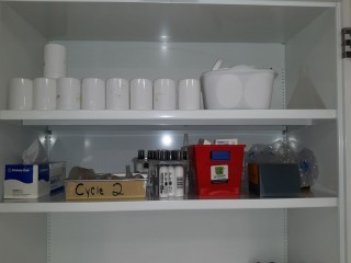 lot 7343 image: Assorted Items in Cabinet, Lamp, Lens Cleaner, Dated Hot Plates, etc.