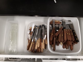 lot 7371 image: Contents Of Drawers, Metal Spatulas, Glass Stir Rods, Moisture Dishes, Tongs And More