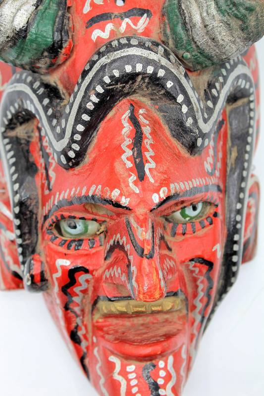 Mexican Folk Art Devil Mask with Snake and Goat Horns | OP