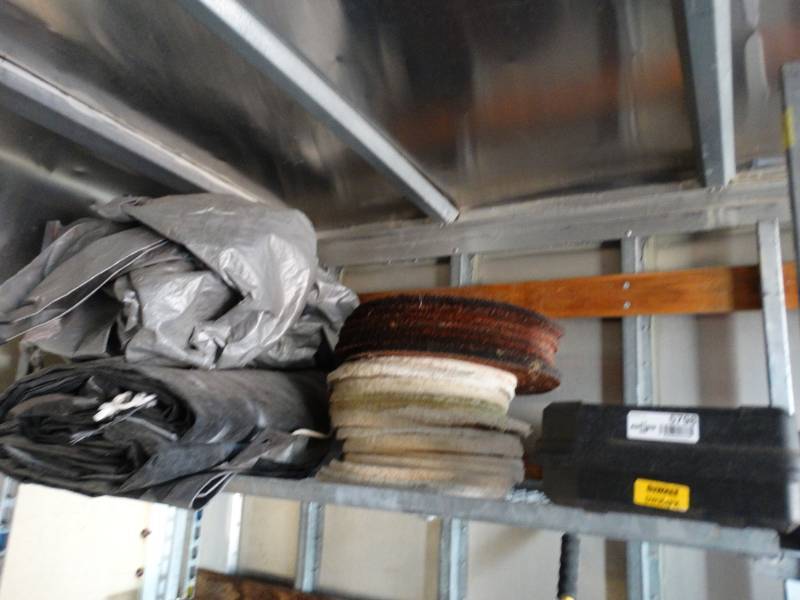lot 5798 image: Shelf of misc- Tarps scrubber pads