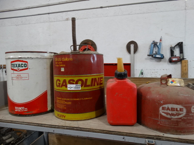 lot 2649 image: 4 various gas cans- 3 are metal