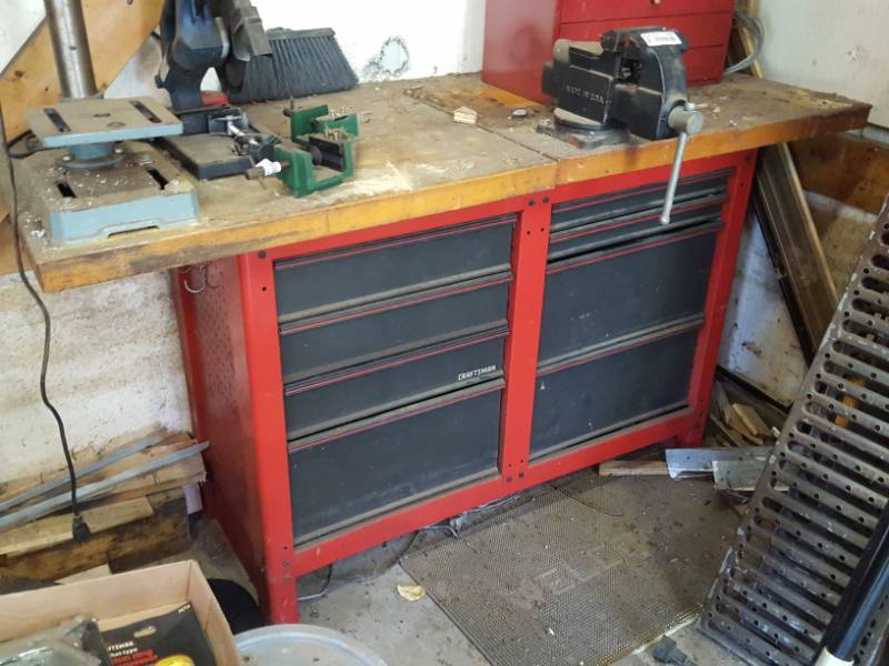 lot 3674 image: Craftsman drawer unit with Wood top (been cut) - Contents of drawers included - Contents on top are NOT Included