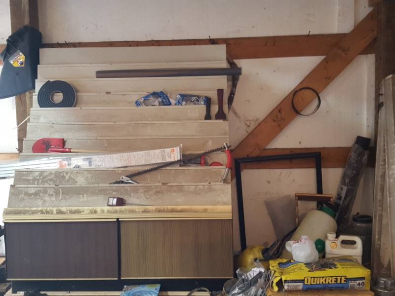 lot 3751 image: Display Cabinet and Pile of Scrap Under Table