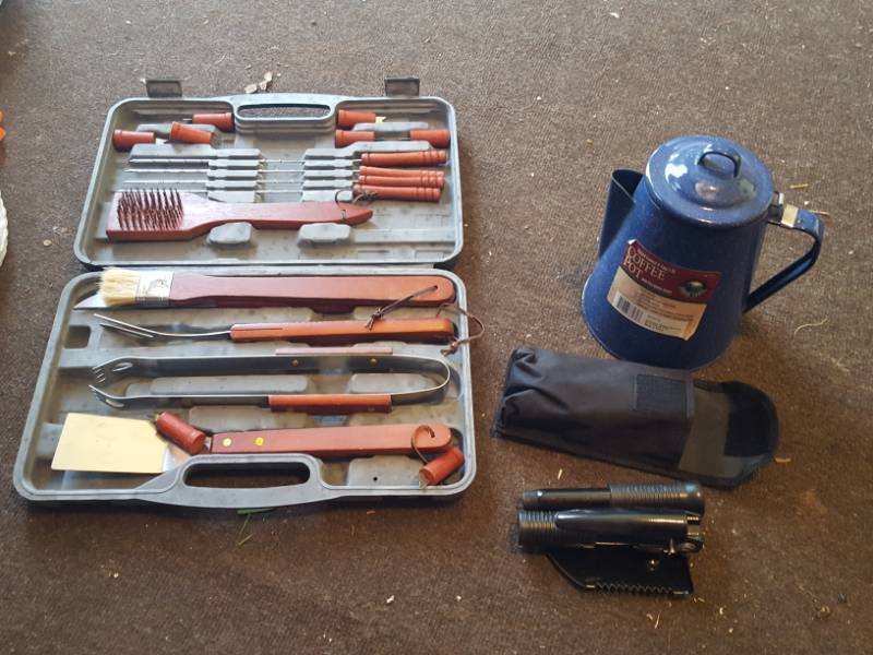 lot 3775 image: Grill Tools, Folding Shovel and Coffee Pot