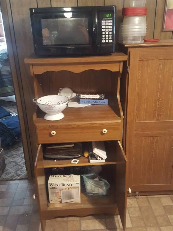lot 3789 image: Microwave, Cabinet and Contents