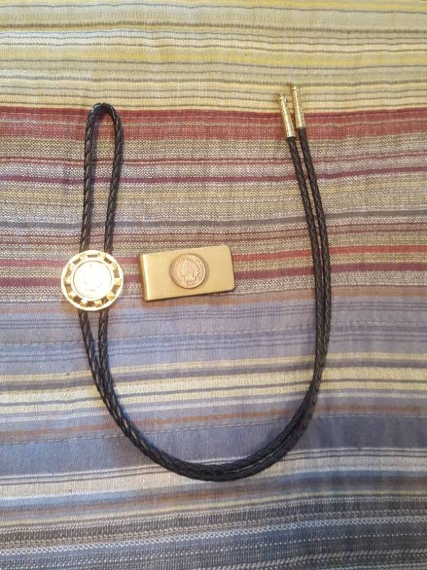 lot 3872 image: Money Clip and Bolo Tie with Indian Head Penny