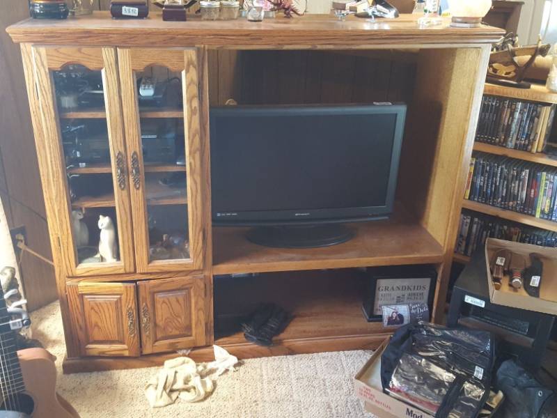lot 3843 image: Entertainment Center and one shelf of decor - other contents not included