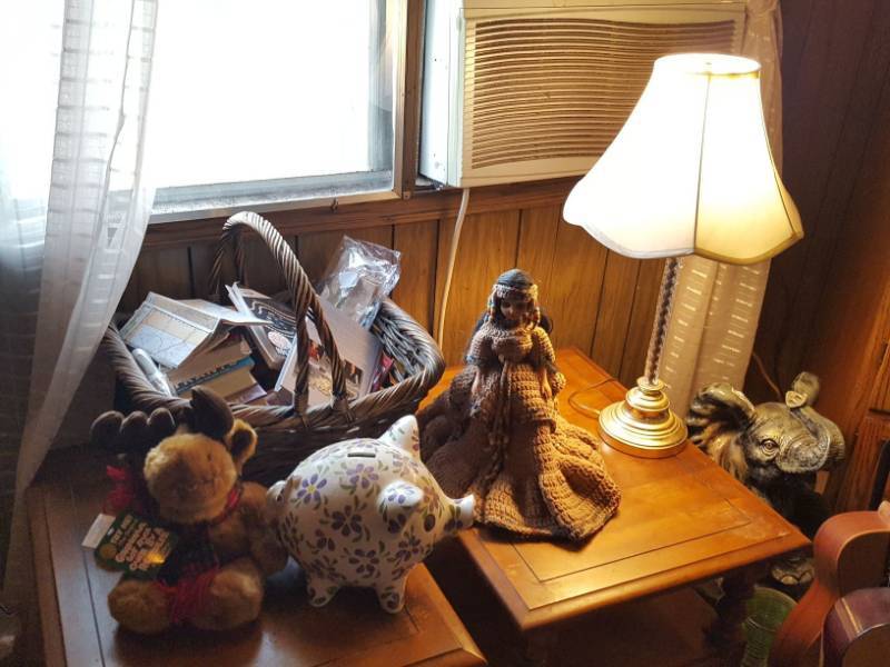 lot 3900 image: Pair of Table Lamps, Doll , Piggy Bank and Basket of Books
