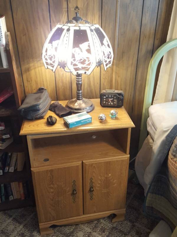 lot 3908 image: Nightstand with Dragon Touch Lamp
