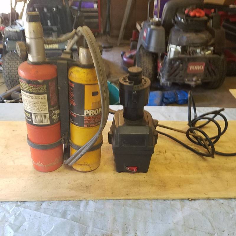 lot 3700 image: Drill Bit Sharpener and two bottle torch