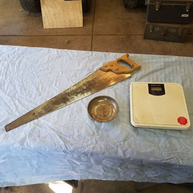 lot 3738 image: Saw, Magnetic Bowl, and Bathroom scale