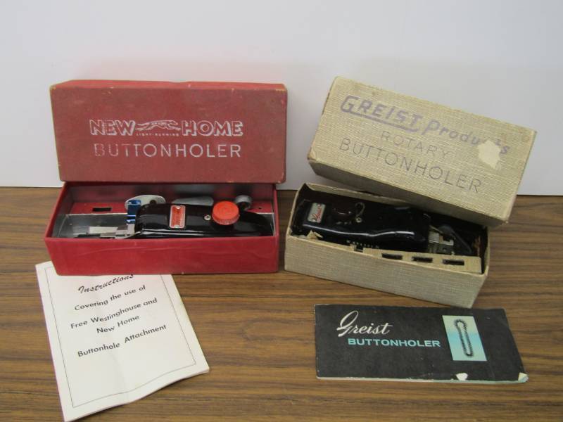 lot 3178 image: 2 Vintage Button Holers in Original Boxes with Attachments  Greist & New Home Brands