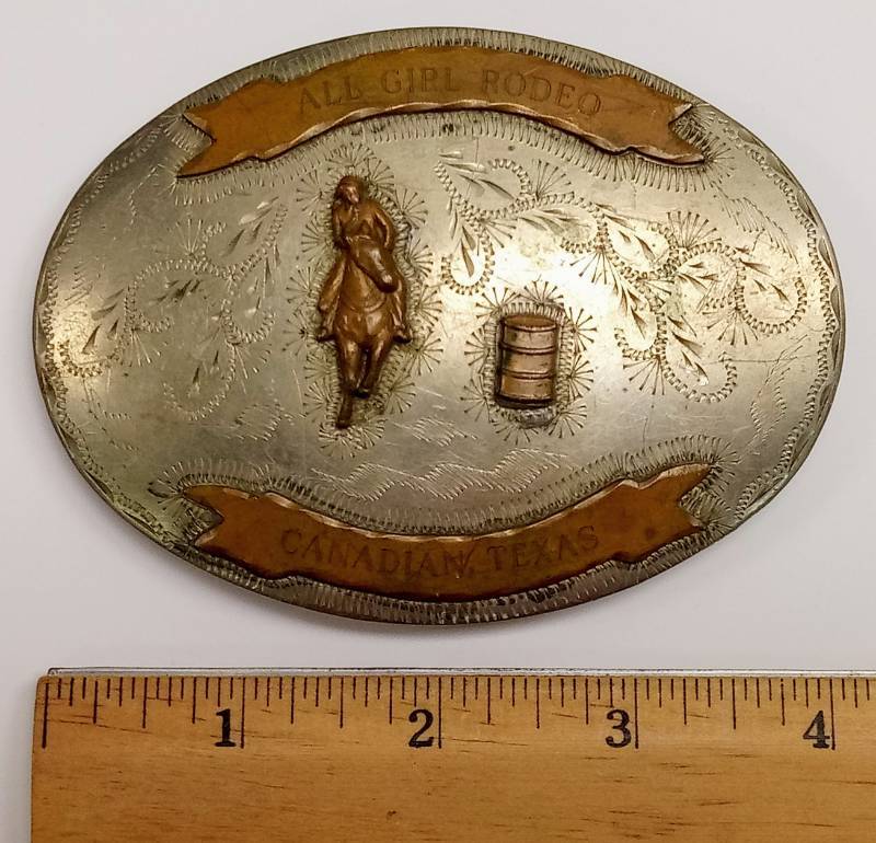 lot 2209 image: Canadian, Texas  All Girl Rodeo Belt Buckle Vintage German Silver