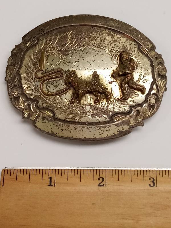 lot 2210 image: 1960s Irvine & Jachens Comstock Silver  Kid Goat Roper Rodeo Belt Buckle  Highly Sought After