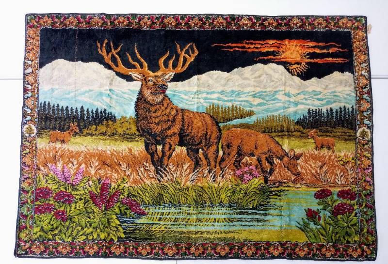 lot 2213 image: Majestic Stag Grazing with Family  Vintage TapestryWall Hanging  Made in Lebanon